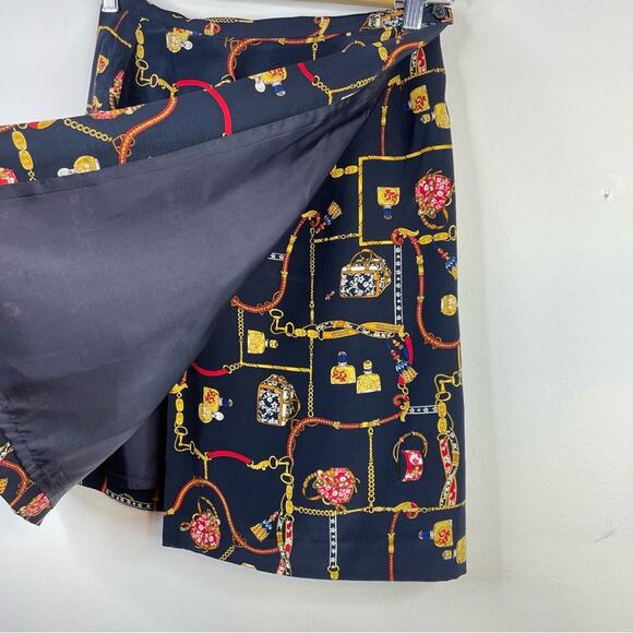 Vintage Y2K Classic Horsebit Chain Ribbon Floral Navy Blue Silk Wrap Skirt 4P 4 - Picture 5 of 8
